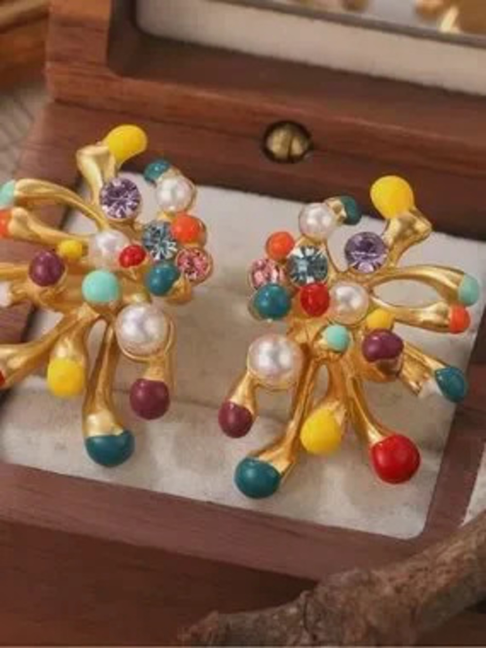 Gold Multicolor Crystal & Pearl Burst Statement Earrings